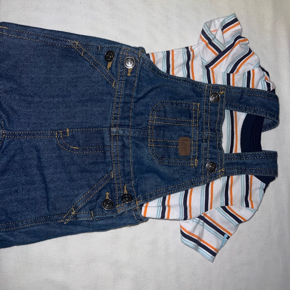 Denim Overalls with Striped Shirt Set